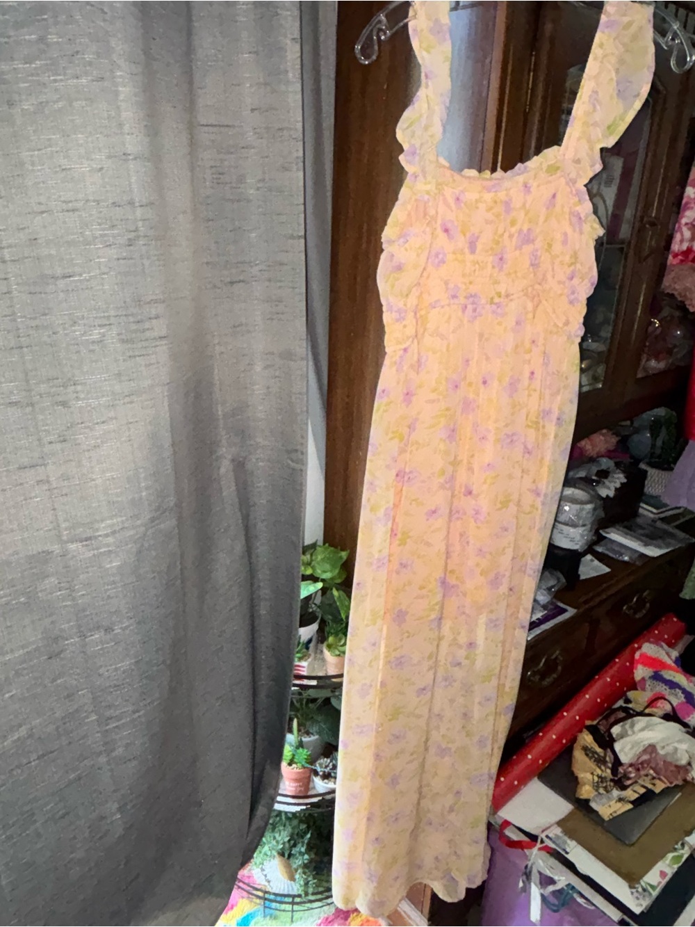 Pink Rose Pastel Yellow Floral Maxi Dress with Lavender Accents - Picture 7 of 7